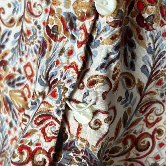 LOFT Womens Button Up Top XL Red Blue Floral Geometric Popover Boho Flowy - Picture 8 of 11